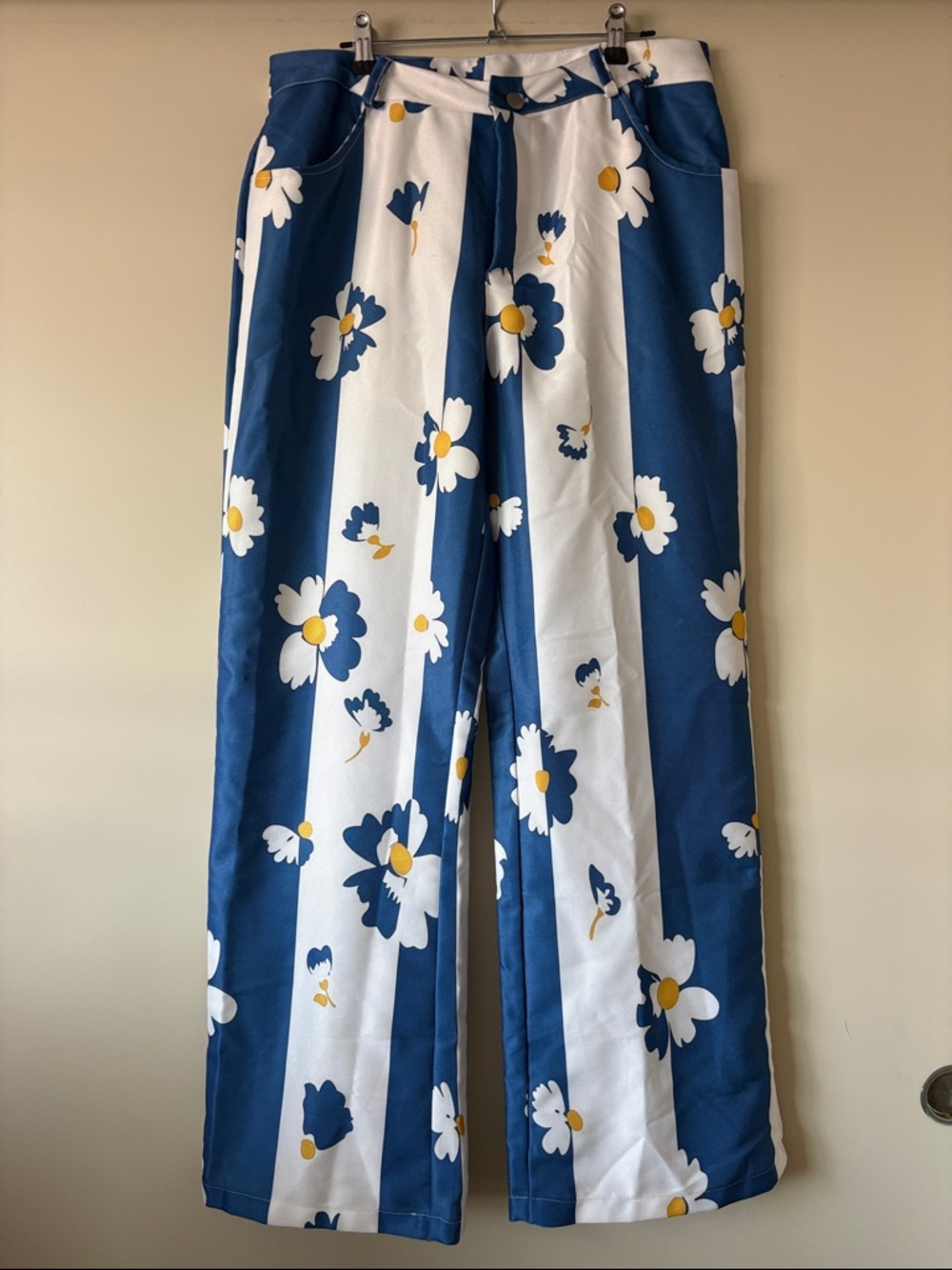 Wide Leg Floral Stripe Pants - Blue & White
